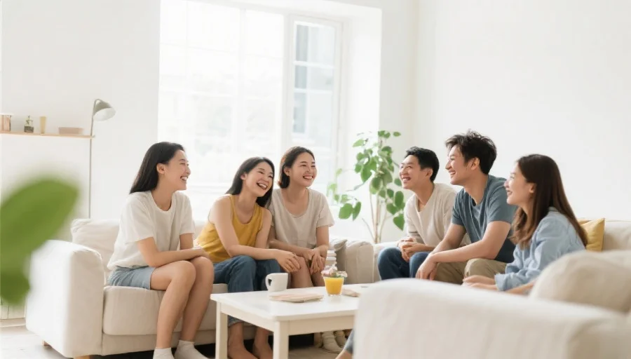 一群朋友在明亮的客厅中轻松交流、微笑互动，气氛和谐愉快，展现健康的生活方式