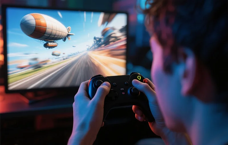 玩家操控游戏手柄进行飞艇竞速